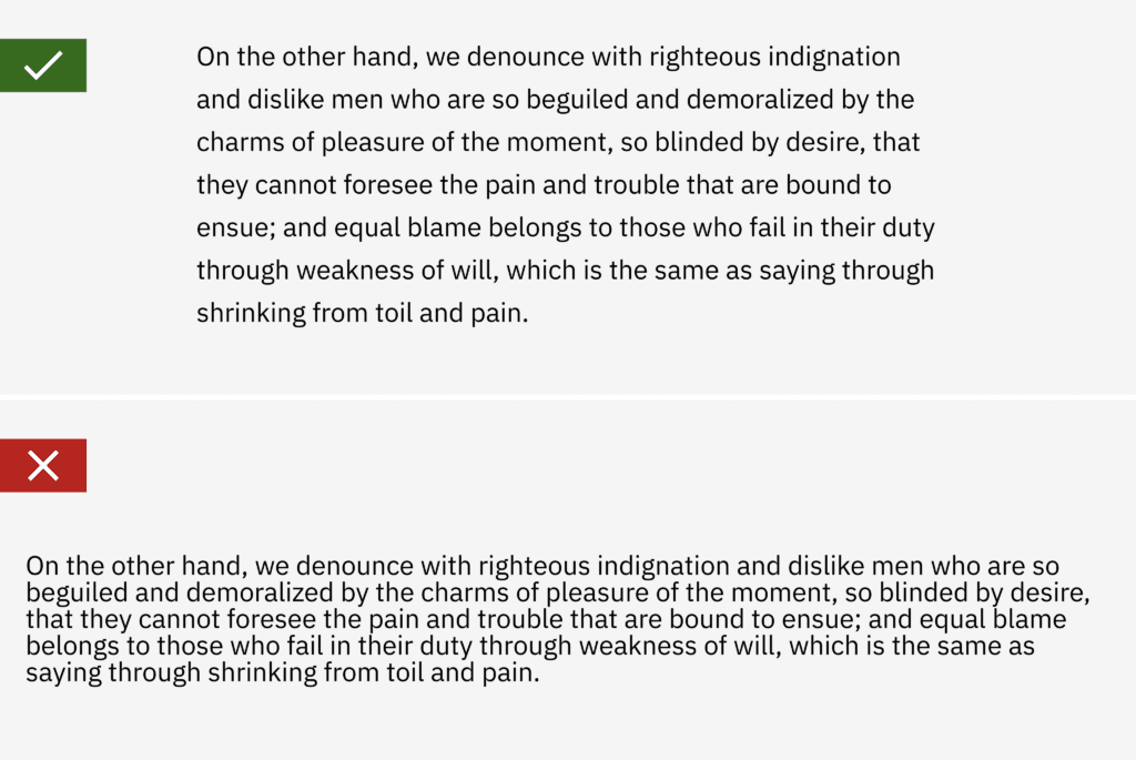 Vergleich zweier Absätze: Der erste zeigt ein gutes Beispiel durch ausreichende Zeilenhöhe und begrenzte Zeilenlänge, um gute Lesbarkeit zu gewährleisten, während das zweite Beispiel eine zu lange Zeilenbreite und zu wenig Zeilenhöhe aufweist.