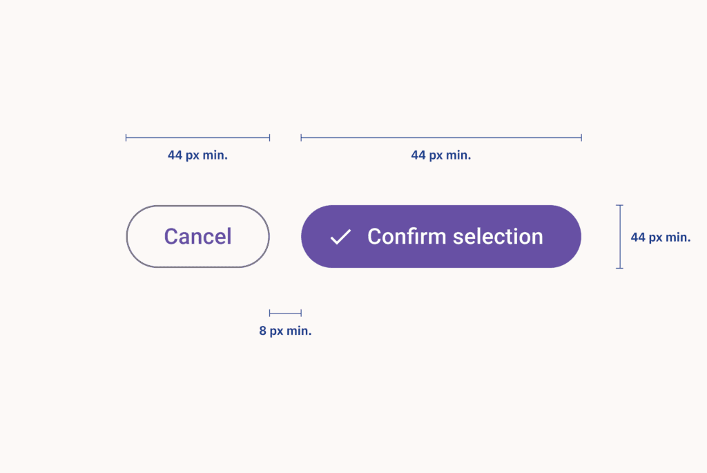 Zwei Buttons, die die korrekte minimale Klick- bzw. Touch-Target-Größe (44px) und den minimalen Abstand (8px) zwischen den Schaltflächen illustrieren.