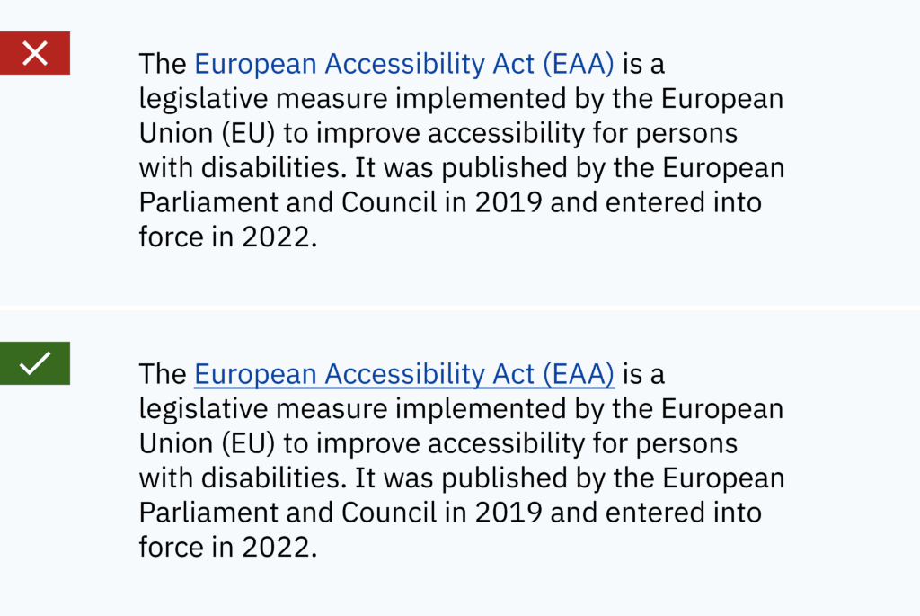 Ein Vergleich von zwei Link-Designs hinsichtlich der Barrierefreiheit: Ein Link unterscheidet sich vom restlichen Text nur durch seine Farbe, während der andere durch eine Unterstreichung hervorgehoben ist, um auch für farbenblinde Personen erkennbar zu sein.