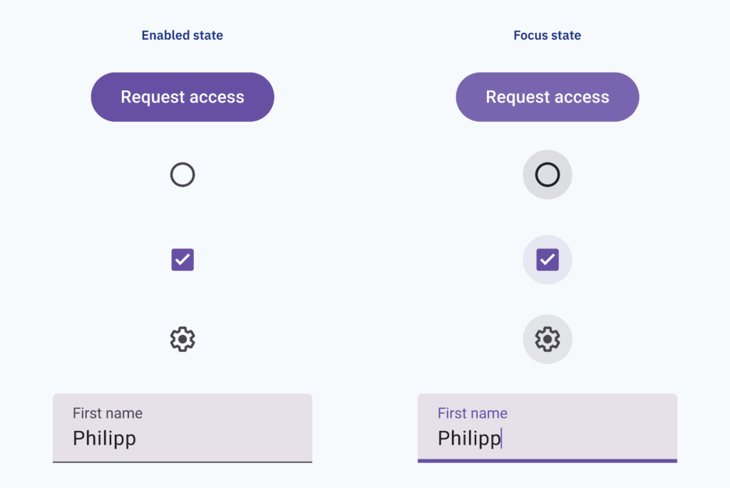 Eine Übersicht über UI-ELemente von Google Material Design, die neben dem normalen Zustand den Fokusstate zeigen: Schaltfläche, Optionsfeld, Kontrollkästchen, Symbol-Schaltfläche, Eingabefeld.
