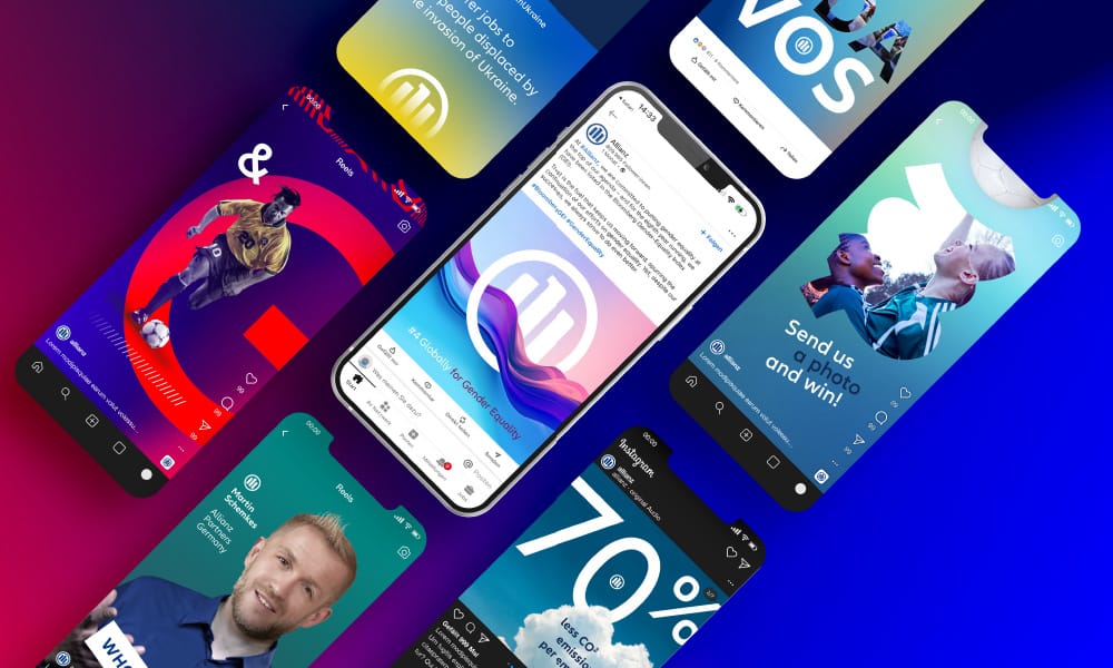 Darstellung von mehreren Smartphone Displays mit Allianz social media Seiten