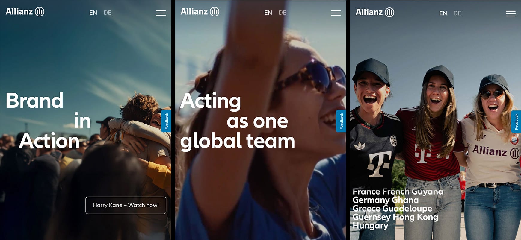 Drei Screenshots der Allianz Brand in Action Seite im mobilen Design nebeneinander. Die Überschriften "Brand in Action", "Acting as one global team" sowie junge Menschen mit Allianz-Team-Kleidung sind sichtbar