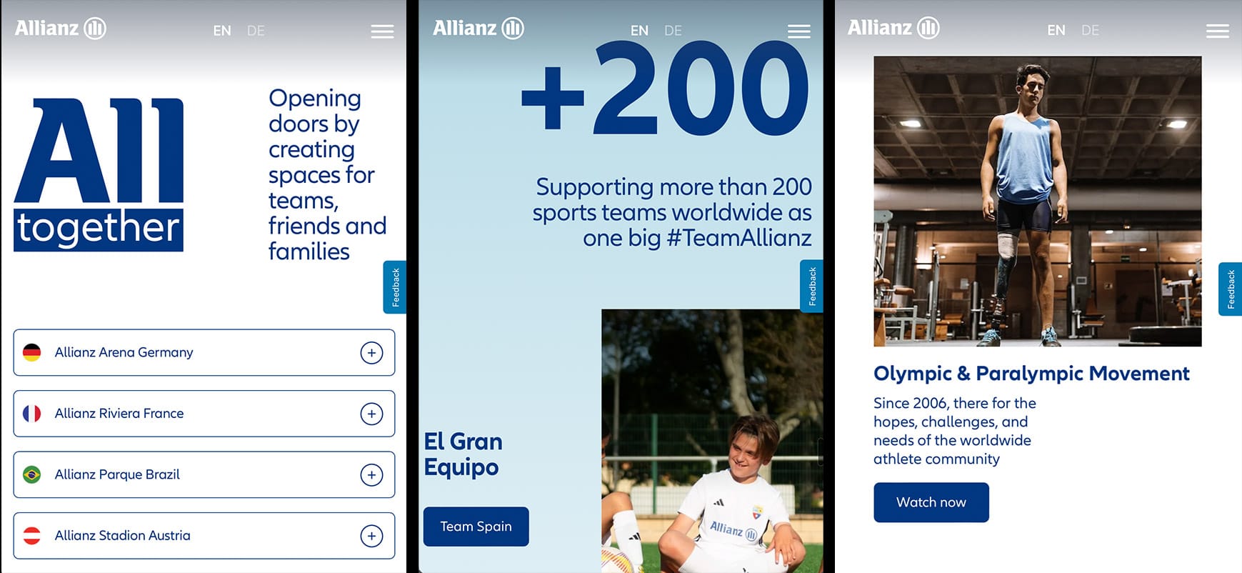 Drei Screenshots der mobile Allianz Brand in Action Seite zeigen Details vom Portal: Eine Auswahl von Allianz Venues sowie Detailinformationen zu Sponsorings.