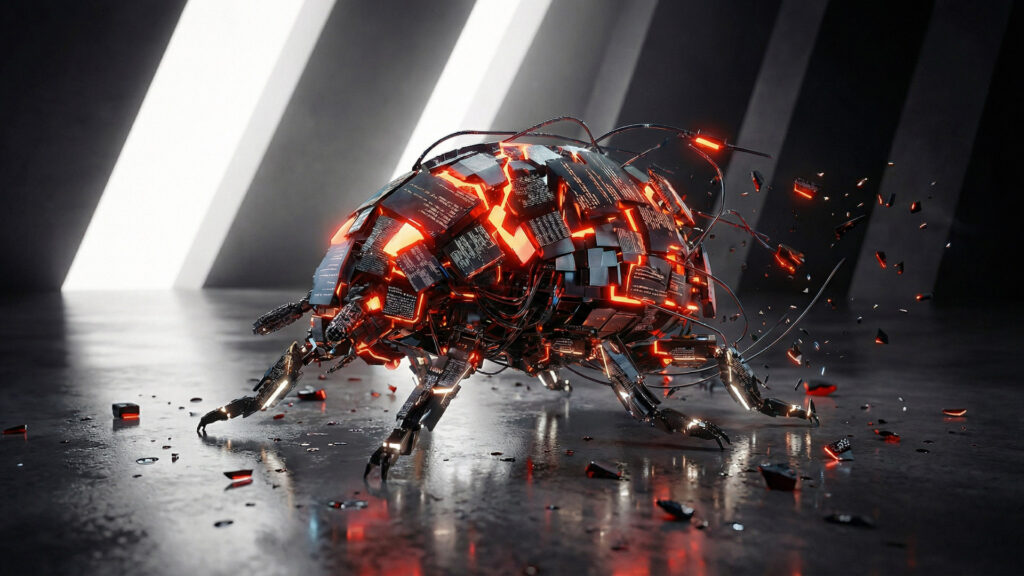 Futuristischer, digital anmutender Käfer in einem kühl anmutenden, leeren und dunklen Raum mit vereinzelten Lichtquellen im Hintergrund.