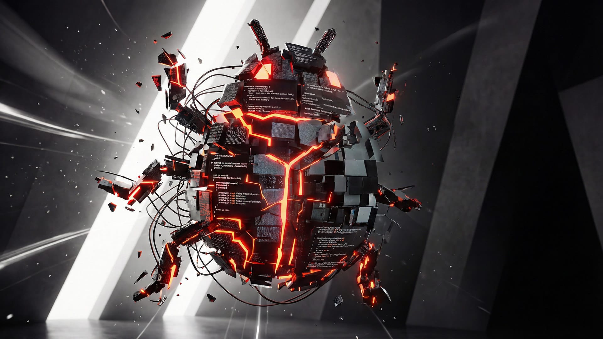 Futuristischer, digital anmutender Käfer in einem kühl anmutenden, leeren und dunklen Raum mit vereinzelten Lichtquellen im Hintergrund.