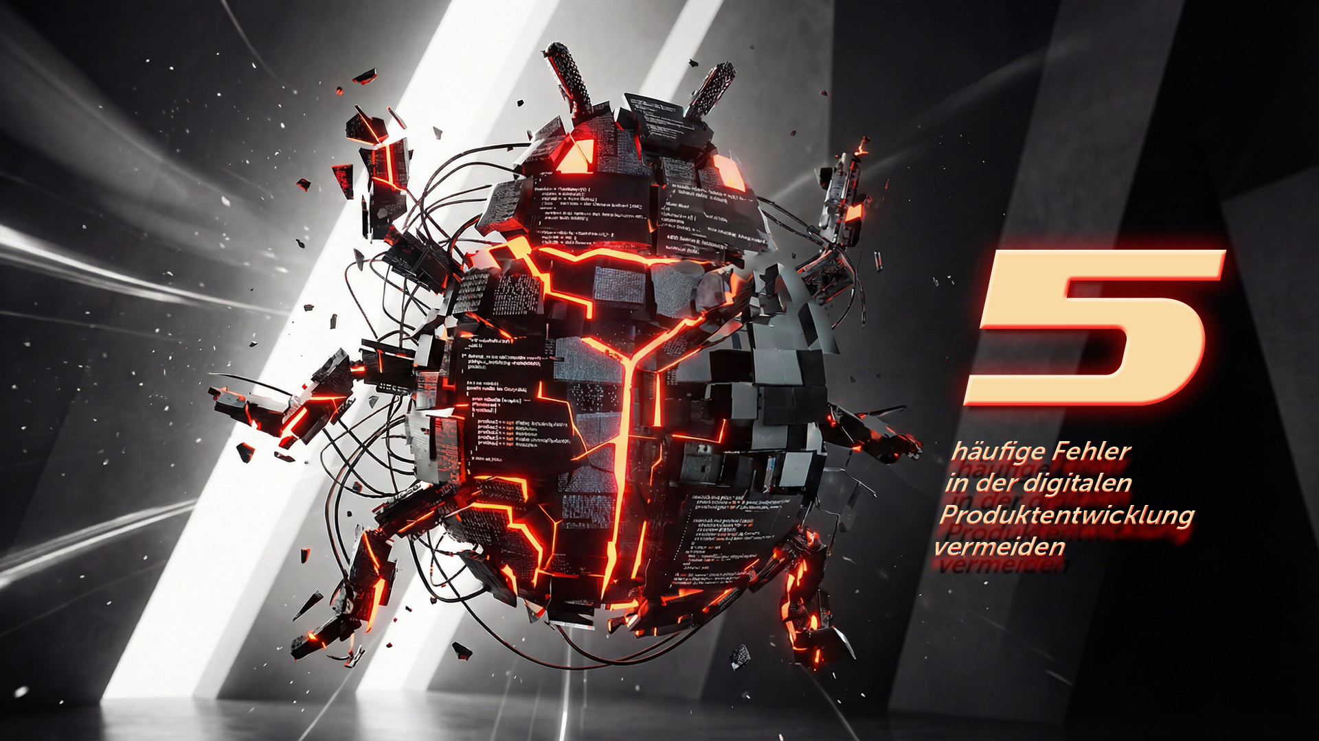 Futuristischer, digital anmutender Käfer in einem kühl anmutenden, leeren und dunklen Raum mit vereinzelten Lichtquellen im Hintergrund. Orangener Text "5 häufige Fehler in der digitalen Produktentwicklung vermeiden" neben dem Käfer.