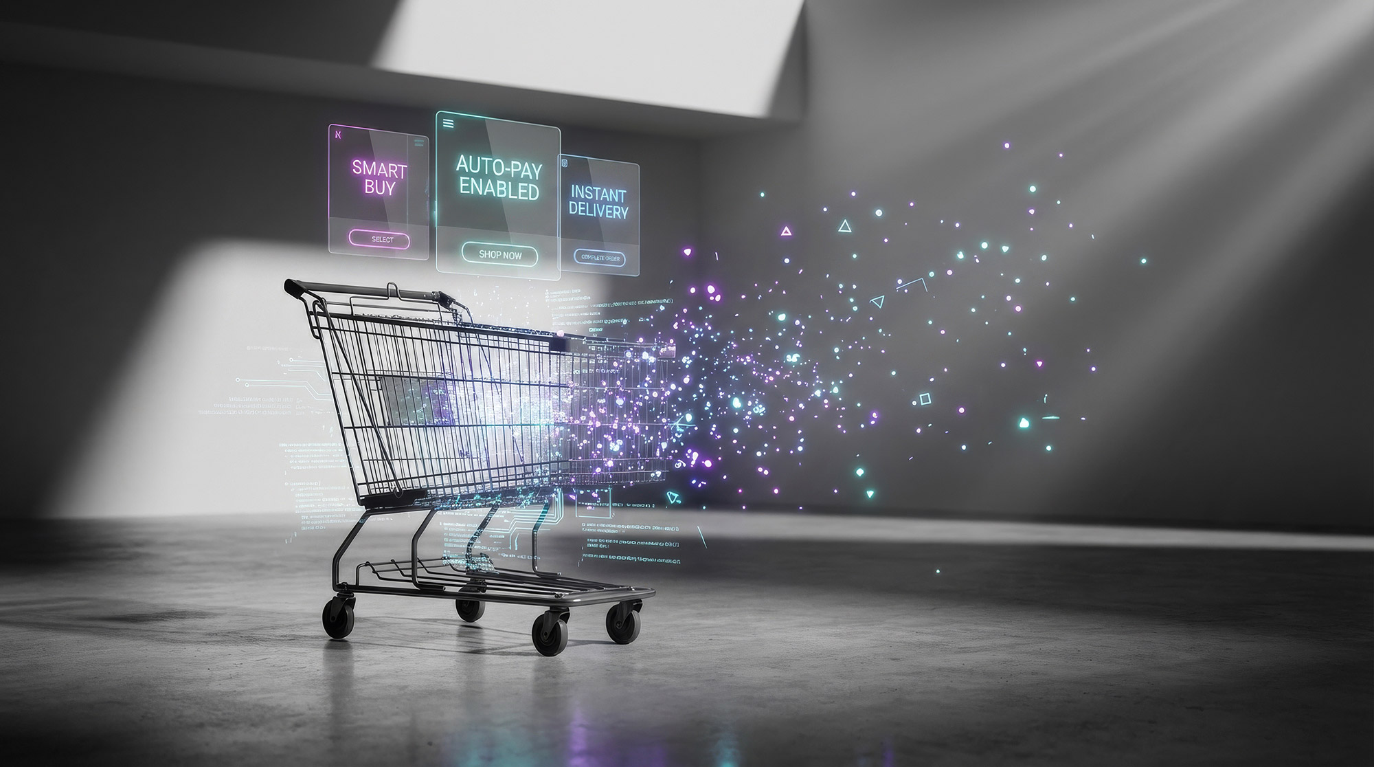 Themenbild Agentic Commerce: Ein Graustufenbild eines Einkaufswagens, überlagert von farbigen digitalen Effekten und Augmented Reality UI-Panelen