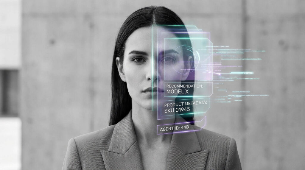 Themenbild Agentic Commerce: Portrait einer Frau vor einer unscharfen Betonfläche im Hitnergrund, das Gesicht der Frau ist überlagert von futuristisch anmutenden Augmented Reality UI-Überlagerungen