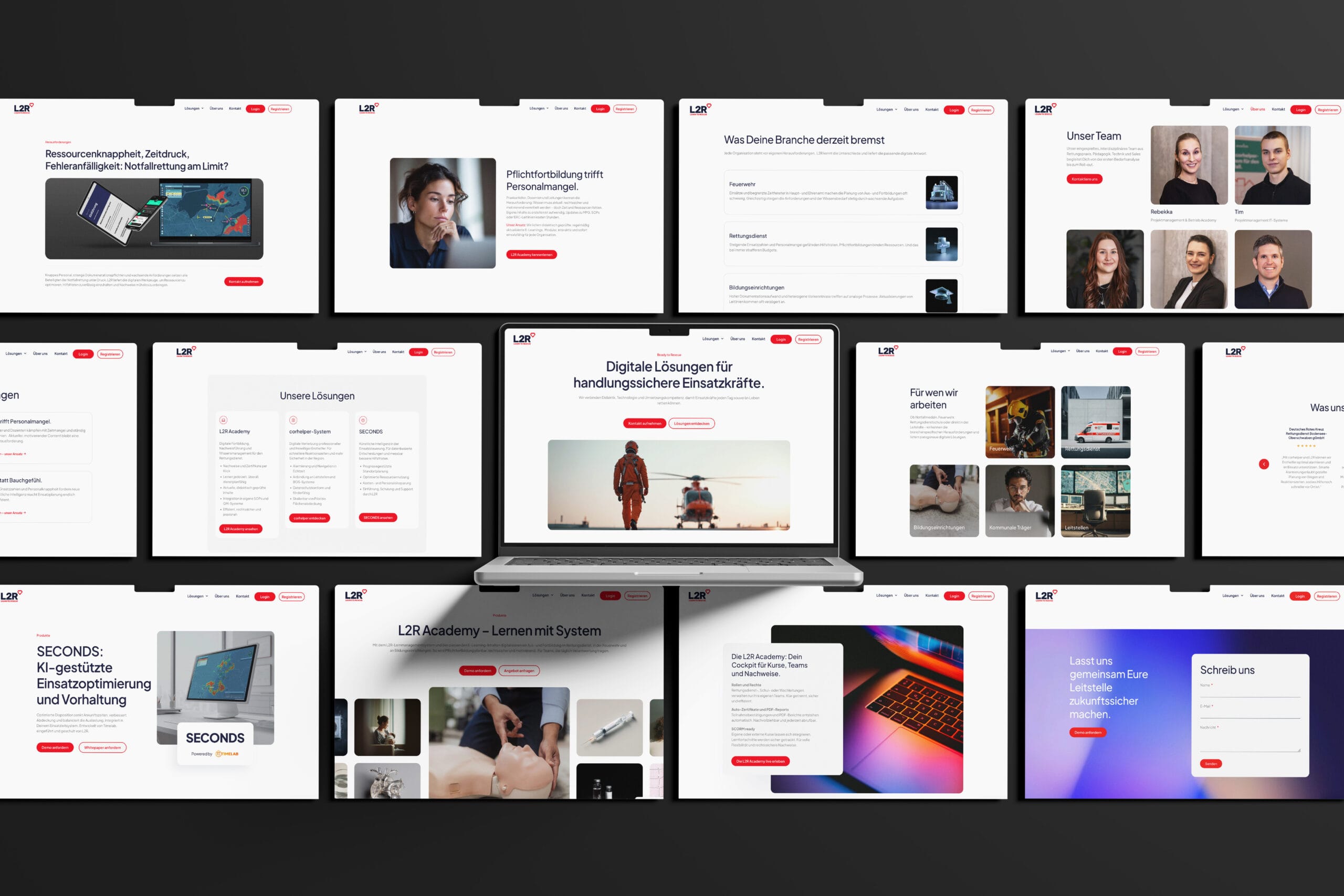 Ein Laptop in der Mitte mit der L2R-Website auf dem Screen, daneben, darüber und darunter in mehreren Zeilen diverse Screenansichten vom Website-Redesign.