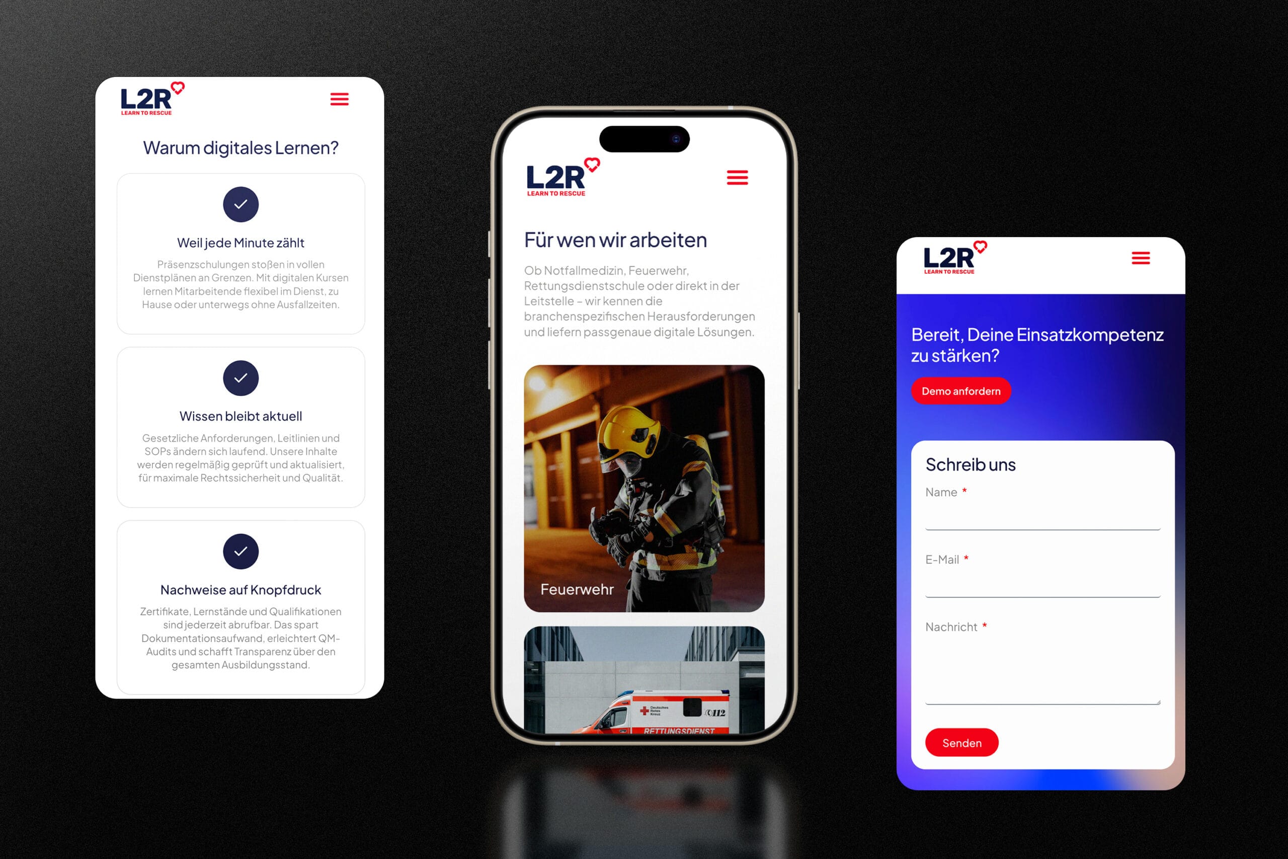 Drei Smartphone-Screens nebeneinander auf dunklem Grund, die Details vom L2R Website-Redesign zeigen.