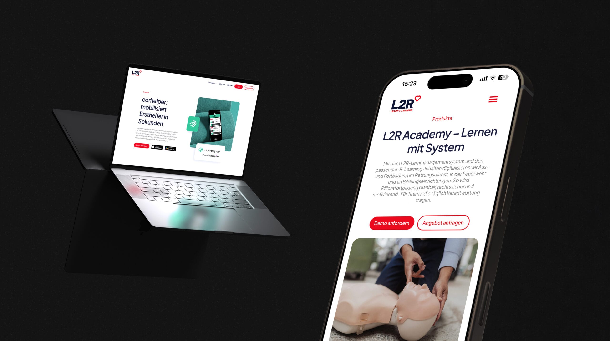 Ein Laptop sowie ein Smartphone-Screen auf dunklem Grund, beide zeigen das L2R Website-Redesign