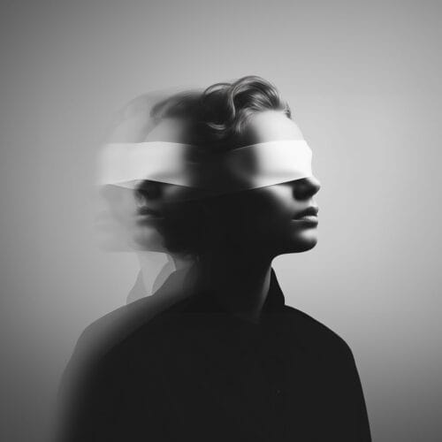 Symbolbild für AI-Visibility. Frau mit Augenbinde