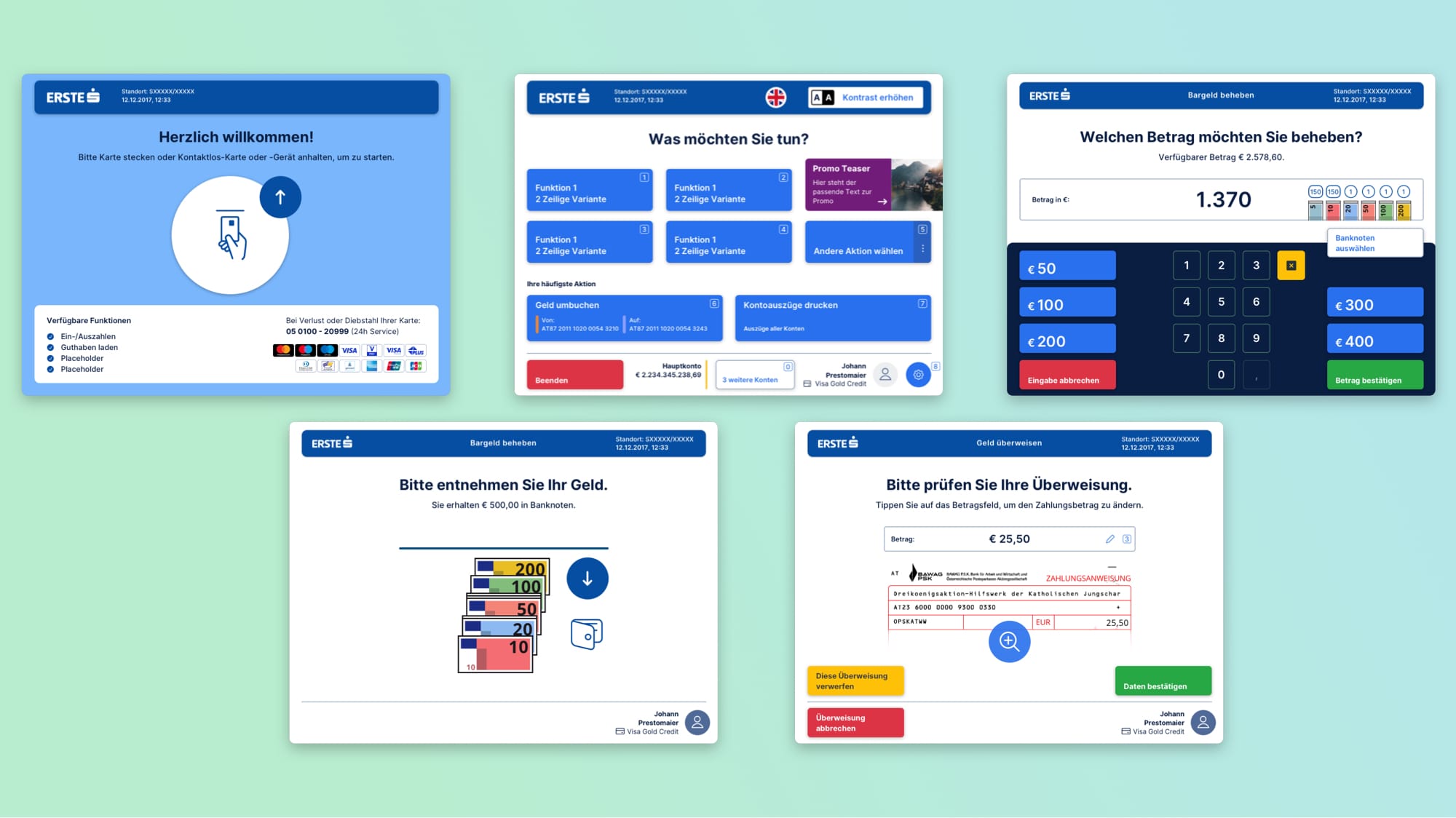 Eine Auswahl von Ansichten des neuen Erste Bank Selfservice User Interface Designs: Idle Screen, Homescreen, Betragsauswahl, Bargeldentnahme, Betragseingabe bei Überweisung