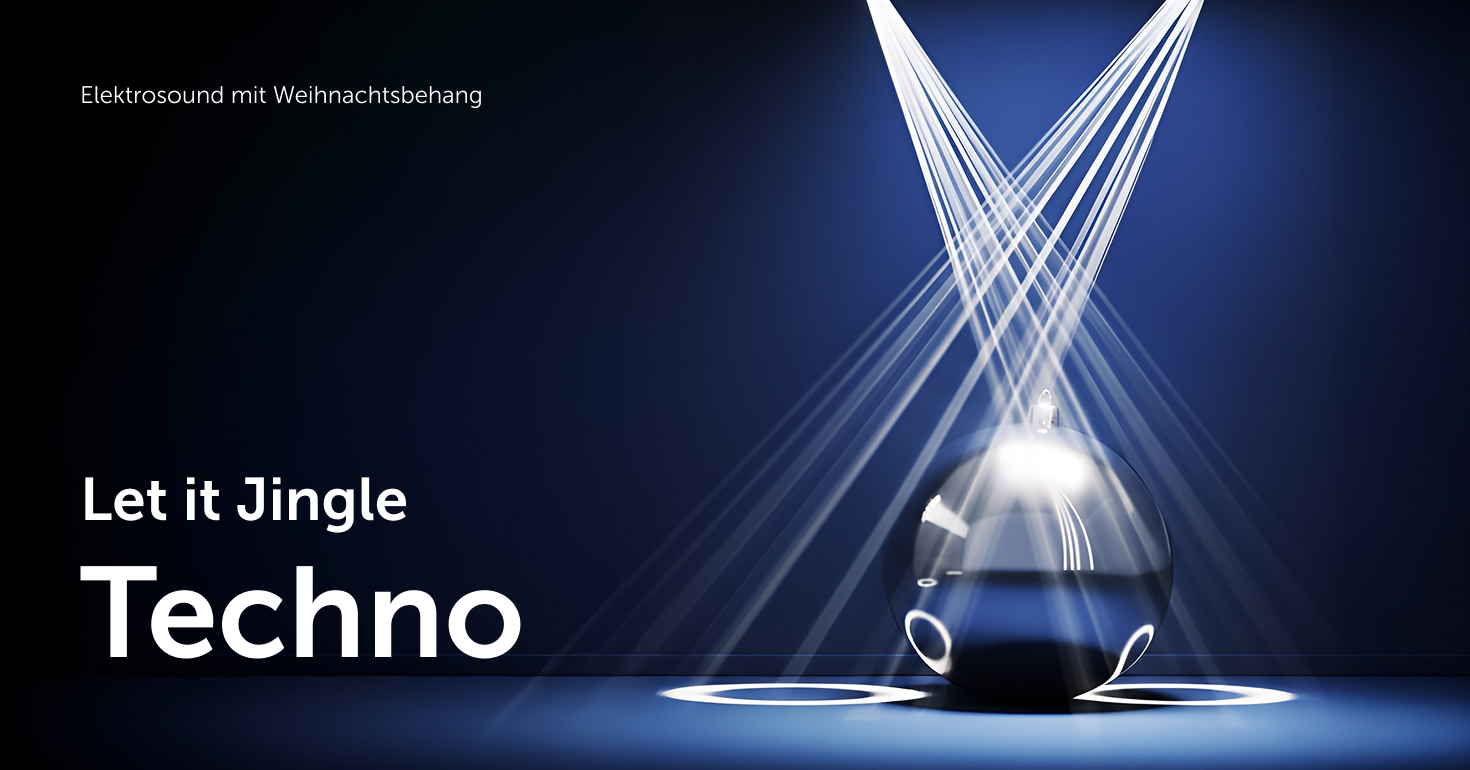 Eine Discokugel auf dunklem Grund, beleuchtet von mehreren Spots, dazu der Text "Let it Jingle - Techno - Elektrosound mit Weihnachtsbehang"
