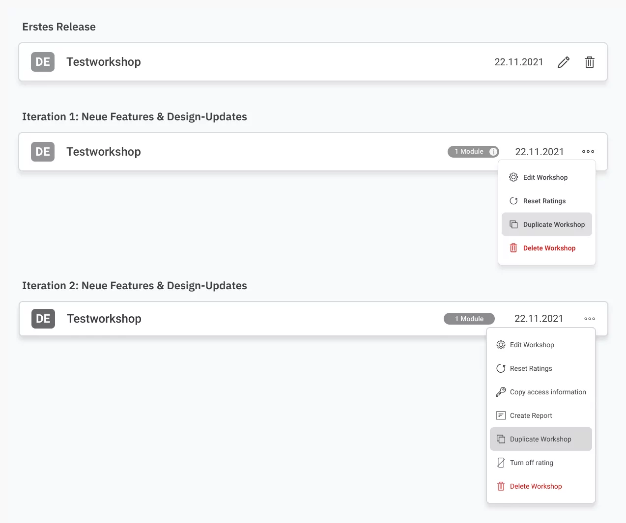 Eine exemplarische UI-Komponente von Situation R® zeigt in 3 unterschiedlichen Entwicklungsstufen das iterative Entwicklungsprinzip: Von lediglich Basisdaten zu Beginn, über ein integriertes Menü mit mehr und mehr Einstellungsoptionen für einen Workshop reichte die Weiterentwicklung.